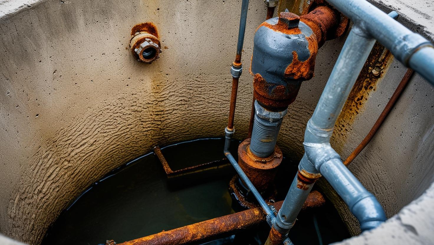 tanque de concreto y detalles en acero, visto desde adentro, donde se percibe corrisón por el agua.